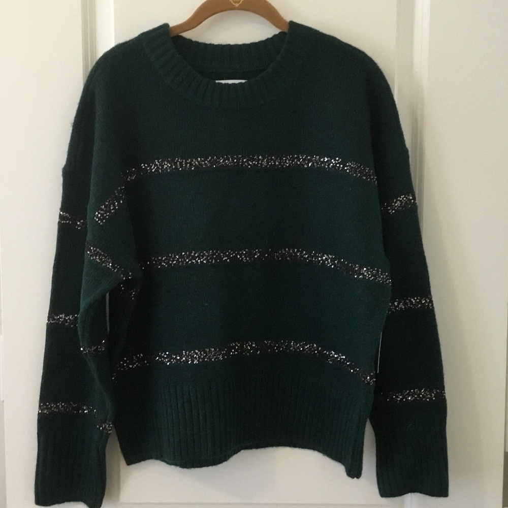 Sonoma Dark Green Sweater with Copper Silver Sequins Stripes Sz L NWT